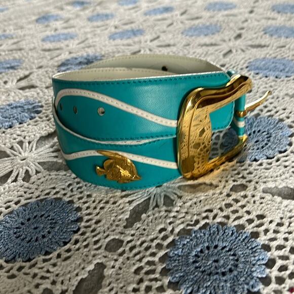 VTG Escada teal blue gold medallion fish belt 36 - Picture 1 of 6